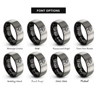 font options for inside engraving on black & gray rooftop tent deployed rings