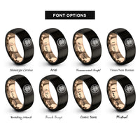 font options for inside engraving on black & rose gold rose rosette circle rings