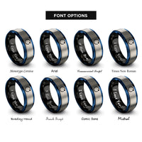 font options for inside engraving on black & blue & gray rotate arrow circle rings