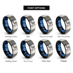 font options for inside engraving on black & blue & gray route arrows flag rings