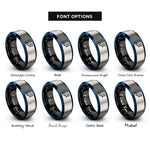 font options for inside engraving on black & blue & grey route arrows flag rings
