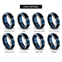 font options for inside engraving on blue & grey route arrows flag rings