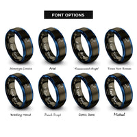 font options for inside engraving on gunmetal & blue route dotted line rings