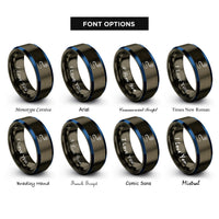 font options for inside engraving on gunmetal & blue route dotted line rings