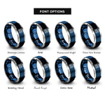 font options for inside engraving on blue & grey rugby pitch markings rings