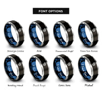 font options for inside engraving on black & blue & grey saguaro cactus pair rings