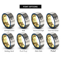 font options for inside engraving on gold & blue & grey sailboat at sunset rings