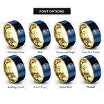font options for inside engraving on gold & blue sailboat at sunset rings