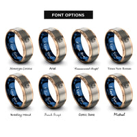 font options for inside engraving on rose gold & blue & gray sailboat at sunset rings