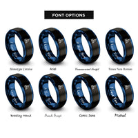 font options for inside engraving on black & blue sailboat silhouette wave rings