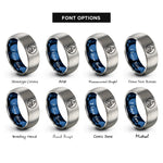 font options for inside engraving on blue & silver sailboat wave circle rings