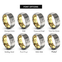 font options for inside engraving on gold & gray sand ripples rings