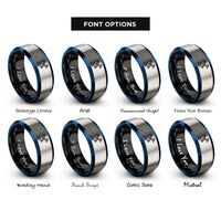font options for inside engraving on black & blue & gray satellite dish rings