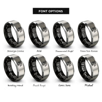 font options for inside engraving on black & silver scale bar mini rings