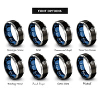 font options for inside engraving on black & blue & grey scallop shell rings