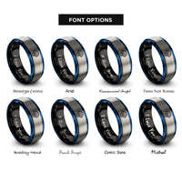 font options for inside engraving on black & blue & silver scallop shell rings