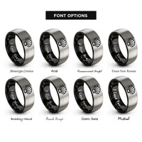 font options for inside engraving on black & gray scallop shell rings