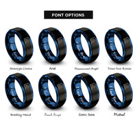 font options for inside engraving on black & blue scatter plot rings