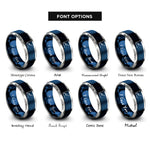 font options for inside engraving on blue & gray scatter plot rings