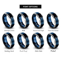 font options for inside engraving on blue & gray scatter plot rings