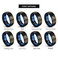 font options for inside engraving on gunmetal & blue scatter plot rings