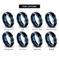 font options for inside engraving on blue & gray scissor supine pose rings
