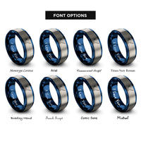 font options for inside engraving on blue & gray scissor supine pose rings