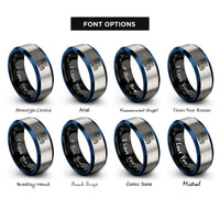 font options for inside engraving on black & blue & gray scoreboard whistle rings