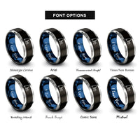 font options for inside engraving on black & blue & gray sea stack wave rings
