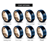 font options for inside engraving on blue & rose gold seahorses heart rings