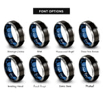 font options for inside engraving on black & blue & gray seaweed sprig circle rings