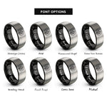 font options for inside engraving on black & silver seaweed sprig circle rings