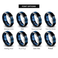font options for inside engraving on blue & silver settings gear wrench rings