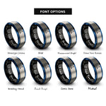 font options for inside engraving on black & blue & grey shark fin wave rings