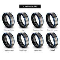 font options for inside engraving on black & blue & gray shield icon star rings