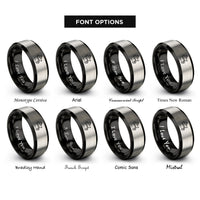 font options for inside engraving on black & gray ship route dashed line rings