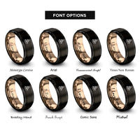 font options for inside engraving on black & rose gold ship silhouette heart rings
