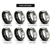 font options for inside engraving on black & gray shipping box rings