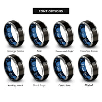 font options for inside engraving on black & blue & gray silhouette target arrow rings