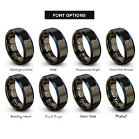 font options for inside engraving on gunmetal & blue simple pendulum rings