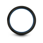 comfort fit wedding band – bird on branch engraving on black & blue & silver tungsten wedding band