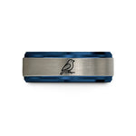 women's simple wedding band – black & blue & silver tungsten bird on branch wedding band