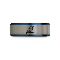 couples matching wedding bands – black & blue & grey tungsten bird on branch wedding band