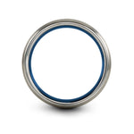 comfort fit wedding band – bird on branch engraving on blue & grey tungsten wedding band