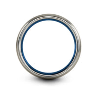 comfort fit wedding band – bird on branch engraving on blue & grey tungsten wedding band