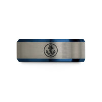 engraved ring for her – black & blue & grey tungsten fouled anchor circle wedding band