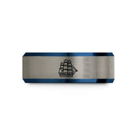 classic wedding ring band – black & blue & grey tungsten tall ship wedding band