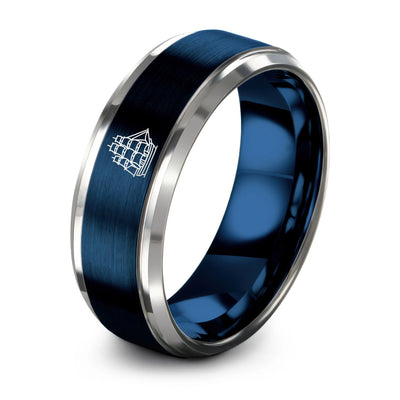 Tall Ship – Tungsten Wedding Band, 8 mm, Blue, Grey Comfort-Fit Unisex