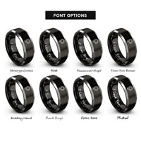 font options for inside engraving on black & silver single line sunflower rings