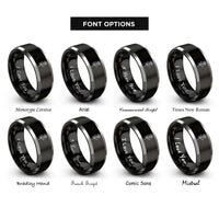 font options for inside engraving on black & silver single rose stem rings